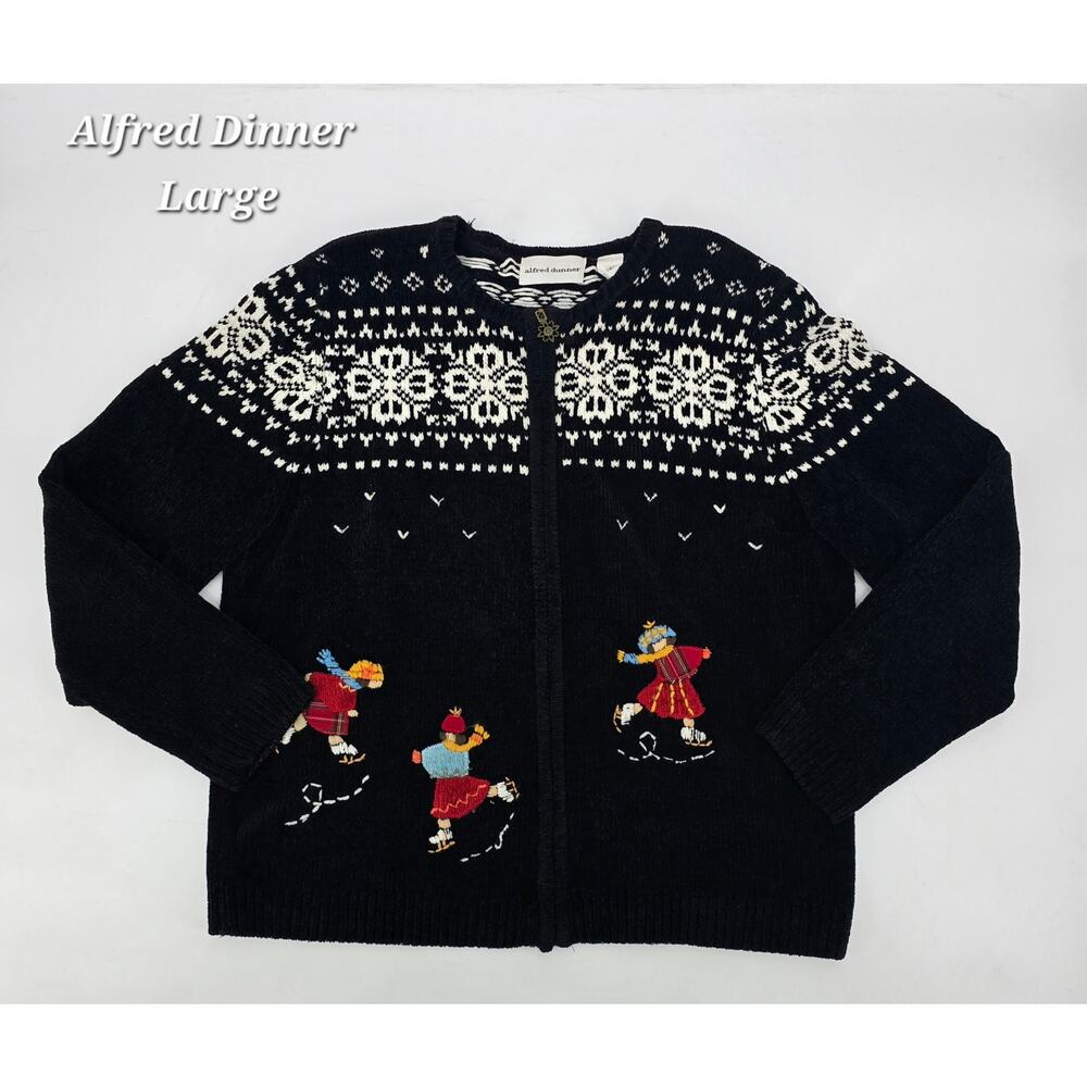 Vintage Y2K Grandmacore Alfred Dunner Nordic Ice Skating‎ Scene Cardigan - Large